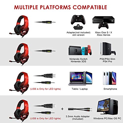 Auriculares Gaming con Microfono para PS4 PC Xbox One PS5 Switch Fortnite Gamer Computadora NEEDONE K19 Cascos Gaming con Bass Surround Cancelacion Ruido Diadema Acolchada y Ajustable Rojo