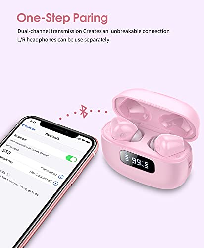 Auriculares Inalambricos, Cascos Inalambricos Bluetooth 5.1, Estéreo de HiFi, 40 Horas de Reproducción, Auriculares Bluetooth IPX7 Impermeable, Control Táctil (Rosa)