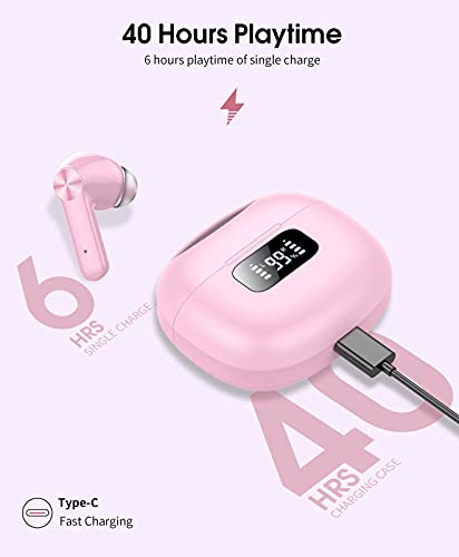 Auriculares Inalambricos, Cascos Inalambricos Bluetooth 5.1, Estéreo de HiFi, 40 Horas de Reproducción, Auriculares Bluetooth IPX7 Impermeable, Control Táctil (Rosa)