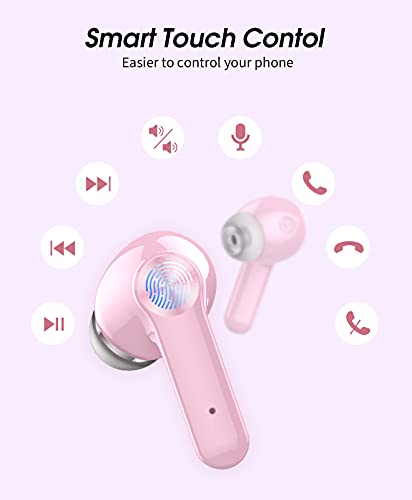 Auriculares Inalambricos, Cascos Inalambricos Bluetooth 5.1, Estéreo de HiFi, 40 Horas de Reproducción, Auriculares Bluetooth IPX7 Impermeable, Control Táctil (Rosa)