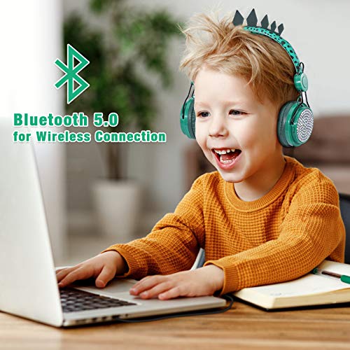 Auriculares para Niños Auriculares Inalámbricos Bluetooth con micrófono en la Oreja Auriculares de Dinosaurio para Niñas, Auriculares Ajustables de Volumen Limitado con Bolsa de Dinosaurio