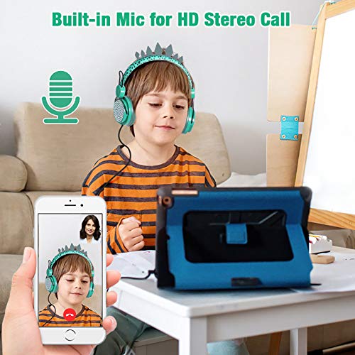 Auriculares para Niños Auriculares Inalámbricos Bluetooth con micrófono en la Oreja Auriculares de Dinosaurio para Niñas, Auriculares Ajustables de Volumen Limitado con Bolsa de Dinosaurio