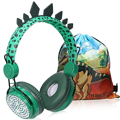 Auriculares para Niños Auriculares Inalámbricos Bluetooth con micrófono en la Oreja Auriculares de Dinosaurio para Niñas, Auriculares Ajustables de Volumen Limitado con Bolsa de Dinosaurio