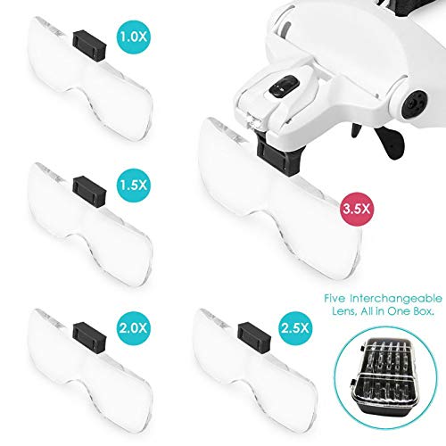 AUTOPkio USB Charge Lentes de aumento, Lupa con luz 2 LED, Lupas de Gran Aumento para Modelismo, Reparaciones, Coser, Joyería y Relojería, intercambiables 5 lentes 1.0X, 1.5X, 2.0X, 2.5X, 3.5X