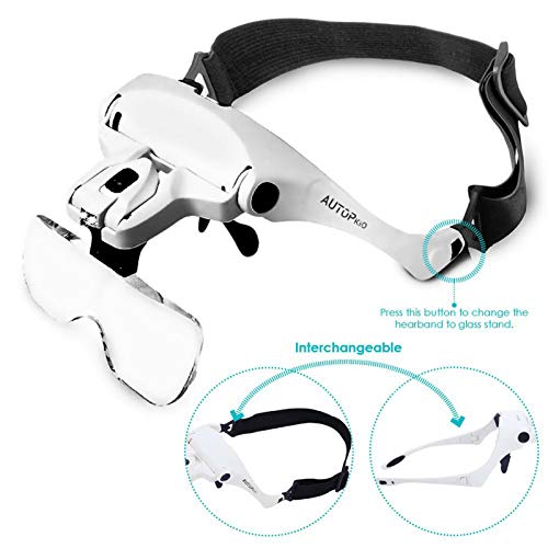 AUTOPkio USB Charge Lentes de aumento, Lupa con luz 2 LED, Lupas de Gran Aumento para Modelismo, Reparaciones, Coser, Joyería y Relojería, intercambiables 5 lentes 1.0X, 1.5X, 2.0X, 2.5X, 3.5X