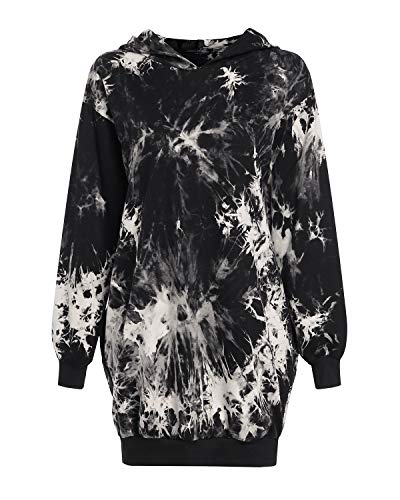 Auxo Mujer Sudadera con Capucha Talla Grande Sudadera Vestido Manga Larga Casual Tie Dye Hoodie Jersey Larga Moda Tie Dye Negro S