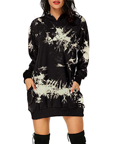 Auxo Mujer Sudadera con Capucha Talla Grande Sudadera Vestido Manga Larga Casual Tie Dye Hoodie Jersey Larga Moda Tie Dye Negro S