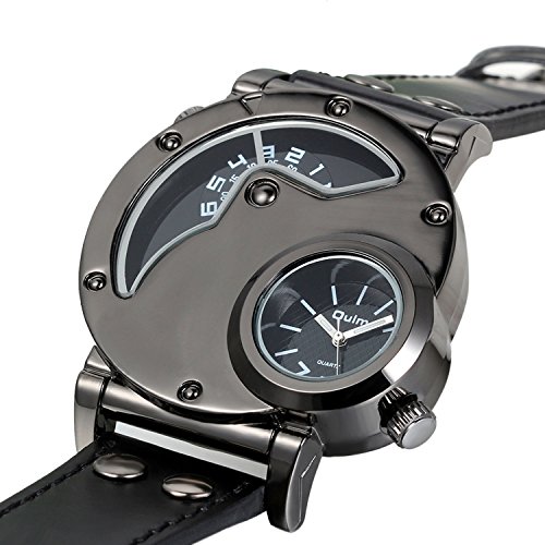 Avaner Grande Reloj de Hombre Militar Deportivo Reloj de Pulsera Negro, Correa de Cuero Reloj de Piloto Navegador 2 Zonas de Horarios, Diseño Original