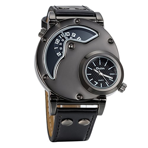 Avaner Grande Reloj de Hombre Militar Deportivo Reloj de Pulsera Negro, Correa de Cuero Reloj de Piloto Navegador 2 Zonas de Horarios, Diseño Original