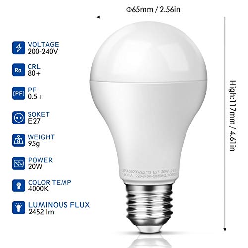 Awenia Bombilla LED Esférica E27 20W (Equivalente a 150W), Luz LED 4000K 2452 Lúmenes Blanco Neutro, Pack de 2