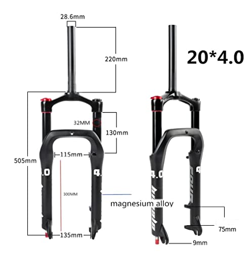 AWJ Playa Snow Bike Fat Fork 20 '' 4.0 Neumáticos Fat Bike Horquillas de suspensión neumática 1-1/8 Freno Disc 110 mm Viaje 9 mm QR Unisex HL 1872g