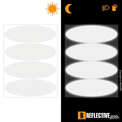 B REFLECTIVE Éco Oval, Kit de 4 Pegatinas Retro Reflectantes, Seguridad y Alta Visibilidad Nocturna, Adhesivo para Casco de Moto/Motocicleta/Bicicleta/Cochecito/Juguetes, 8,5 x 2,7 cm, Blanco