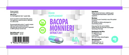 Bacopa Monnieri Brahmi Extracto 8000mg Equivalente (400mg de 20:1 Extracto) 120 Capsulas Veganas, Alta Fuerza, Sin Rellenos o Bulkers, Libre de Gluten, GMO