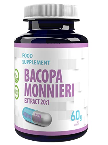 Bacopa Monnieri Brahmi Extracto 8000mg Equivalente (400mg de 20:1 Extracto) 120 Capsulas Veganas, Alta Fuerza, Sin Rellenos o Bulkers, Libre de Gluten, GMO