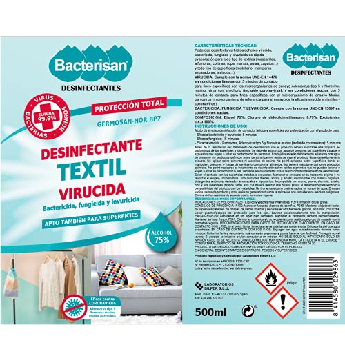 BACTERISAN Desinfectante De Textiles Y Tejidos Ml |formato Spray Rápida Evaporación | Desinfecta Al Instante Cualquier Prensa O Textil | Con Alcohol 75% Ml, 500 ml