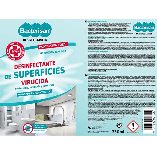 Bacterisan Germosan No Bp3 750Ml | Desinfectante Multiusos Triple Acción| Elimina El 99,95 De Virus, Gérmenes Y Bacterias De Todo Tipo De Objetos Superficies Y Textiles | Bacterisan 750 ml