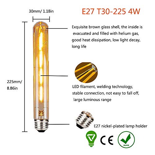 BAISHICHENG 2 Paquetes T30 Bombilla LED Tubular E27,Edison Retro Vintage Bombillas Decorativas 4W(Reemplazo de Bombilla Halógena de 40W)Bombillas LED de Filamento T30 Blanco Cálido 2700K (225 mm)