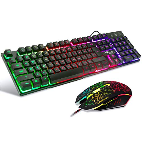 BAKTH Teclado y Ratón para Juegos, Color del Arco Iris USB LED Retroiluminada del Gaming Teclado y Ratón para Juego o Trabajo, Alto Desempeño, Mecánico Similar Teclado