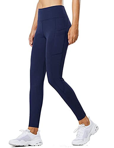 BALEAF Leggings de cintura alta con forro polar resistente al agua para mujer con bolsillos, Azul marino/flor y brillo, Medium