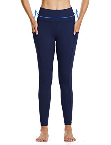 BALEAF Leggings de cintura alta con forro polar resistente al agua para mujer con bolsillos, Azul marino/flor y brillo, Medium