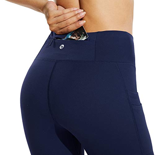 BALEAF Leggings de cintura alta con forro polar resistente al agua para mujer con bolsillos, Azul marino/flor y brillo, Medium