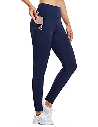 BALEAF Leggings de cintura alta con forro polar resistente al agua para mujer con bolsillos, Azul marino/flor y brillo, Medium