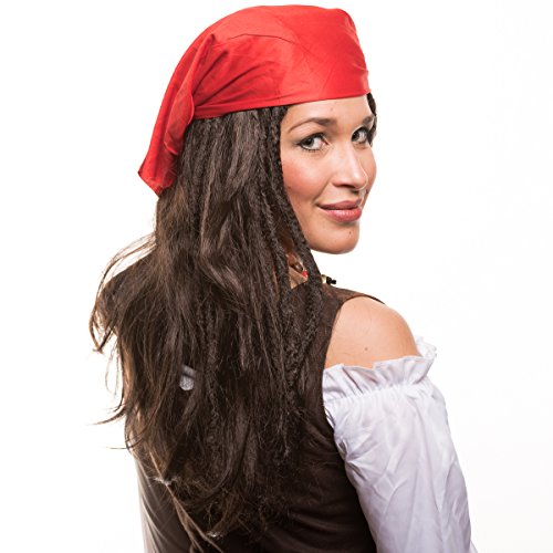 Balinco Peluca de Pirata con Perlas y pañuelo Rojo para complementar el Disfraz de Pirata Carnaval y Fiestas de Disfraces