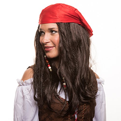 Balinco Peluca de Pirata con Perlas y pañuelo Rojo para complementar el Disfraz de Pirata Carnaval y Fiestas de Disfraces