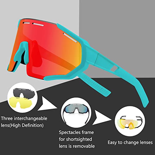 BangLong Gafas de Sol Deportivas, Gafas de Ciclismo con 3 Lentes Intercambiables para Hombres y Mujeres UV400, Utilizadas para Correr, Pescar, Golf y Béisbol (Verde Rojo)