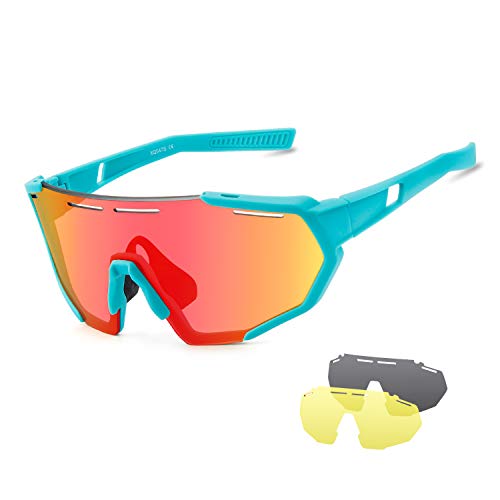 BangLong Gafas de Sol Deportivas, Gafas de Ciclismo con 3 Lentes Intercambiables para Hombres y Mujeres UV400, Utilizadas para Correr, Pescar, Golf y Béisbol (Verde Rojo)