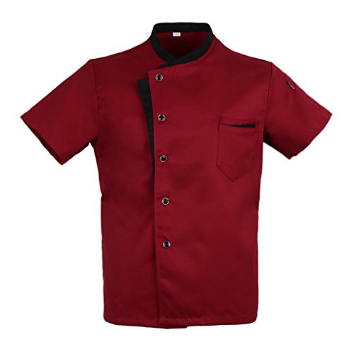 Baoblaze Camisa Mezclilla Unisex Chef Chaqueta Arrugas Resistente Confortable Mangas Cortas Camiseta Cocina Uniforme Emocionante - Red M, como se describe