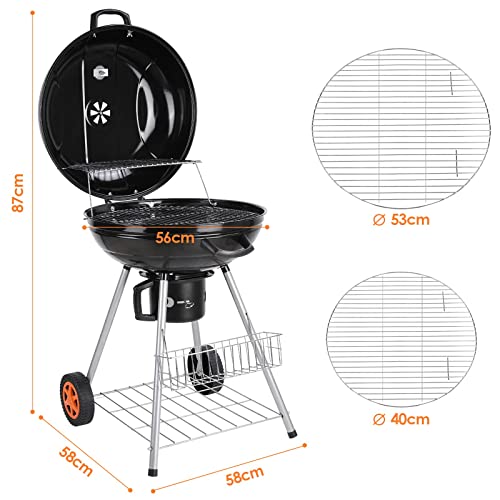 Barbacoa de Carbón, Carrito para Parrilla, para 6-10 Personas, con Ruedas, Guantera, Cenicero y Ventilación Ajustable, Barbacoa para Jardín Patio Picnic Acampada Fiestas BBQ,