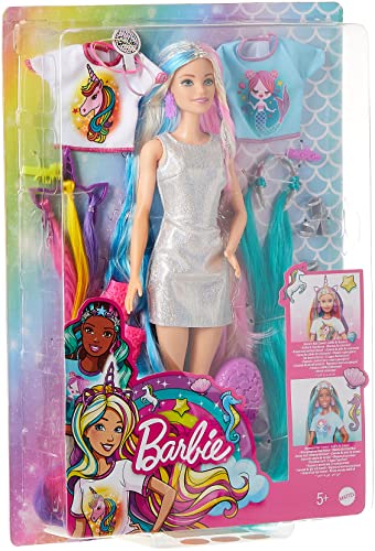 Barbie Pelo Fantasía Muñeca para peinar con accesorios de moda y diademas con mechas de unicornio y sirena (Mattel GHN4)