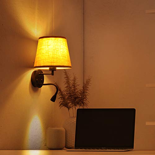 BarcelonaLED Lámpara LED Aplique de Pared Casquillo E27 con Foco de Lectura Orientable 3W Pantalla Textil Interruptor para Dormitorio Cabecero Cama Salón