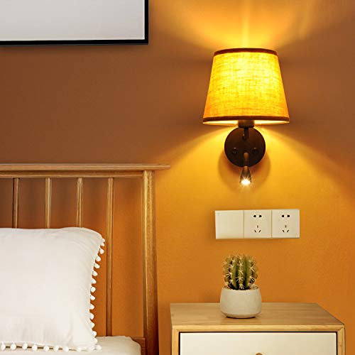 BarcelonaLED Lámpara LED Aplique de Pared Casquillo E27 con Foco de Lectura Orientable 3W Pantalla Textil Interruptor para Dormitorio Cabecero Cama Salón