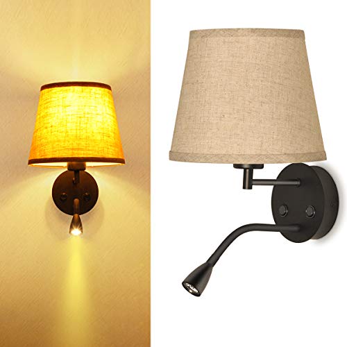 BarcelonaLED Lámpara LED Aplique de Pared Casquillo E27 con Foco de Lectura Orientable 3W Pantalla Textil Interruptor para Dormitorio Cabecero Cama Salón