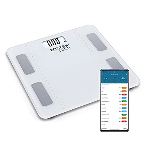 Báscula de Baño Digital Inteligente Alta precisión, Diagnóstico Peso Corporal Masa Muscular y Ose, Grasa Corporal y Agua corporal, metabolismo y BMP Max.180kg para Andriod y iOS Blanca Modelo ME109