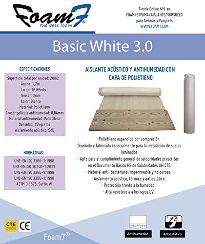 Base Aislante FOAM7 - BASIC WHITE 3.0 de 3mm. 20m2. Para Tarima y Parquet ; Regula Desniveles. Incorpora capa antihumedad. 18kg/m3 PE Densidad. Manta Multiuso. 100% Ecológico. Super Ventas