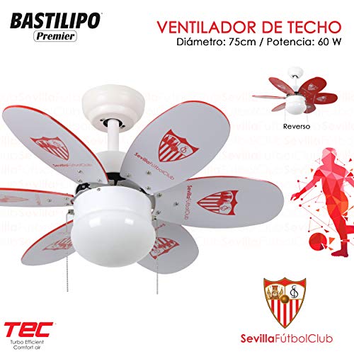 Bastilipo 7722-Sevilla FC-Ventilador de Techo con Palas Reversibles Rojas. Oficial del Sevilla Fútbol Club, Rojo y Blanco