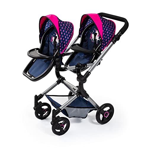 Bayer Design 26254AA Cochecito de Muñeca Gemelas, Carrito Paseo para muñecos, Ajustable en Altura, Plegable, con la Bolsa de Bandoler, Azul con Unicornio y Corazones