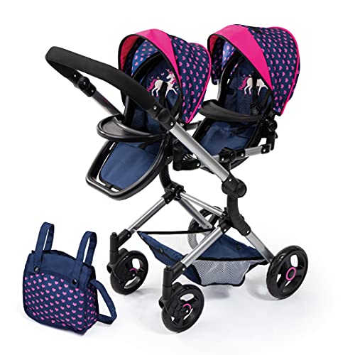 Bayer Design 26254AA Cochecito de Muñeca Gemelas, Carrito Paseo para muñecos, Ajustable en Altura, Plegable, con la Bolsa de Bandoler, Azul con Unicornio y Corazones