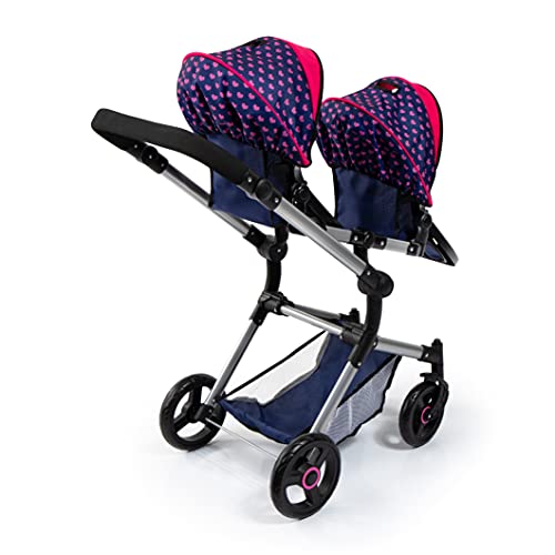 Bayer Design 26254AA Cochecito de Muñeca Gemelas, Carrito Paseo para muñecos, Ajustable en Altura, Plegable, con la Bolsa de Bandoler, Azul con Unicornio y Corazones