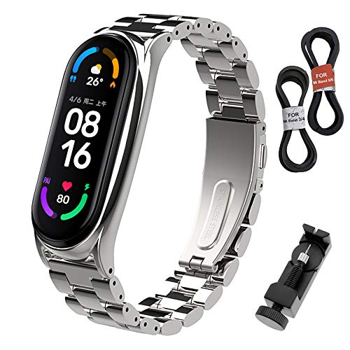 BDIG Correa Compatible Mi Band 5/6 Correas Metal, Mi Band 4/3 Pulsera de Acero Inoxidable Agradable para Mi Band 6/5/4/3 Correa (No Host)(Plus Plata)