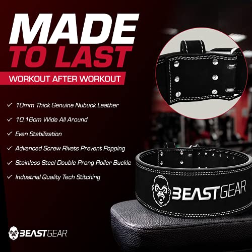 Beast Gear Cinturón Halterofilia – Cinturón Lumbar Powerlifting con Doble Hebilla – Cinturón Levantamiento de Peso de Piel Nobuck – 10 cm de Ancho y 10 mm de Grosor - S