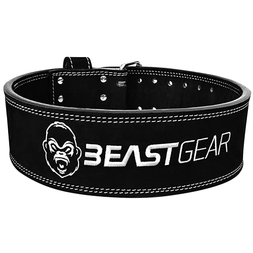 Beast Gear Cinturón Halterofilia – Cinturón Lumbar Powerlifting con Doble Hebilla – Cinturón Levantamiento de Peso de Piel Nobuck – 10 cm de Ancho y 10 mm de Grosor - S