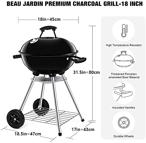 BEAU JARDIN Barbacoa de Carbón 45 * 80cm Vegetal con Ruedas Parilla de Carbón BBQ Parrilla de Carbón Plegable con Tapa de Carbón con 2 Ruedas Soporte de con asador para cocinar BBQ