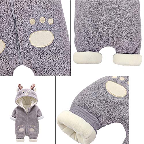 Bebé Mamelucos con Capucha Vellón Niños Niñas Mono Cálido Traje de nieve Invierno Navidad Reno Onesies Dibujos Animados Ropa 0-3 meses Gris