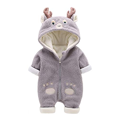 Bebé Mamelucos con Capucha Vellón Niños Niñas Mono Cálido Traje de nieve Invierno Navidad Reno Onesies Dibujos Animados Ropa 0-3 meses Gris