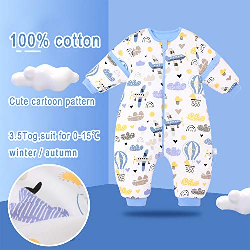 Bebé Saco de Dormir con Piernas Invierno Algodón Pijama Dividida Manga Cálido Mamelucos Dibujos Animados Mono Niños Niñas 0-2 años 3.5Tog Avion azul