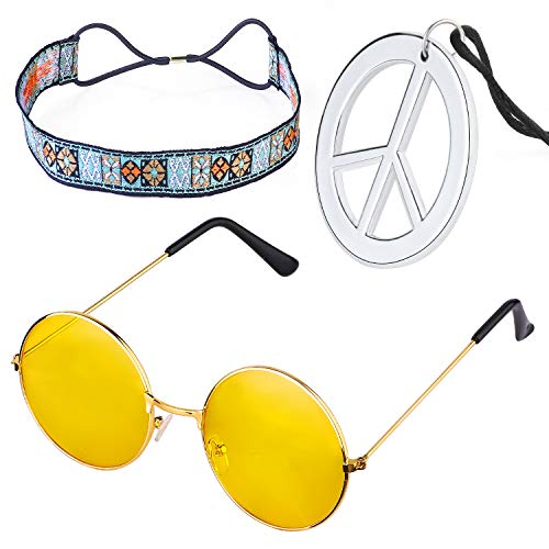 Beelittle Hippie Costume Set - Gafas Estilo círculo de los años 60 Collar de Signo de la Paz Diadema Hippie Kit de Accesorios para Fiesta de los años 60 (D)